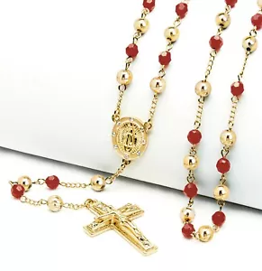 Rosary Red Bead Guadalupe & Jesus Cross 28" Necklace HR 600 - Picture 1 of 8