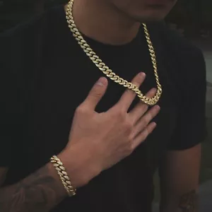 Pacchetto Collana Bracciale Choker Oro Giallo Diamante Cubano 14k - Foto 1 di 3