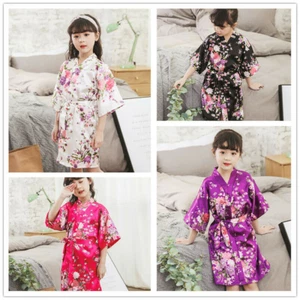 Summer Cardigan Imitation Satin Robe Flower Girls Bathrobe Kids Kimono Nightgown - Picture 1 of 16