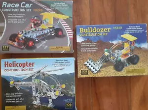 3 Stainless Construction Lego Type Toys Set Built Bulldozer, Helicopter Race Car - Picture 1 of 16