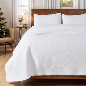 White Quilts Queen Size Quilt Bedding Set Cotton Elegant Medallion Matelasse Cov - Picture 1 of 9