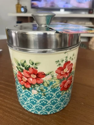 Retro Pioneer Woman Cookie Jar / Pet Treat Floral Jar Canister w/ Lid - Image 1 of 4