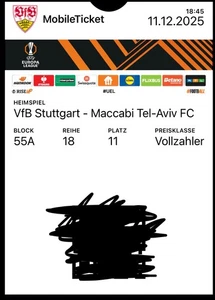 2 Tickets Europa League VfB Stuttgart vs. Tel Aviv - Gegentribüne nebeneinander - Bild 1 von 2