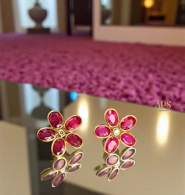 14KYellow Gold Floral Ruby & Diamond Stud Earrings Vintage Flower Jewelley Gift - Image 1 of 4