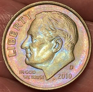Hermosa moneda de diez centavos Roosevelt 2010-D brillante en tono dorado/arco iris #18 - Imagen 1 de 12