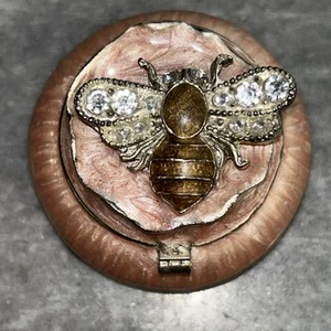 Vintage Enameled Bumble Bee Trinket Box Round Hinged Lid Pink Jeweled Wings - Picture 1 of 8