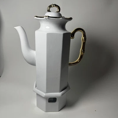 Porcelain Chocolate Tea Pot with Warmer White Gold Bamboo Handle Hexagon Lidded - Image 1 of 4