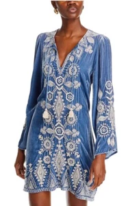 💕 $398 JOHNNY WAS SZ S LIONA KIMONO SLEEVE EMBROIDERED BLUE VELVET DRESS NWT - Foto 1 di 11