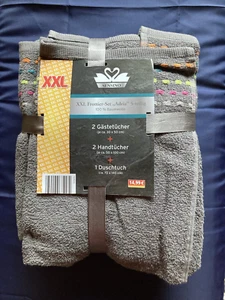 Handtuch-Set, grau, bunte Bordüre, 5-teilig, NEU, OVP - Bild 1 von 1