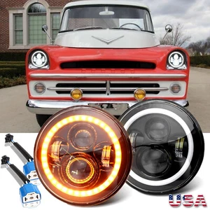 Pair 7" inch Round LED Headlights Halo Angle Eye For Dodge D100 D200 D300 Pickup - Foto 1 di 14