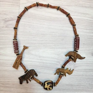 VINTAGE HANDGESCHNITZTE SAFARI TIERE HOLZ HALSKETTE - Bild 1 von 5