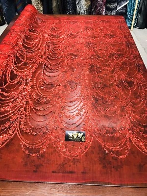 RED SHINY GLITTER WAVE DESIGN ON A printed MESH-PROM-SOLD BY THE YARD. - Image 1 of 4