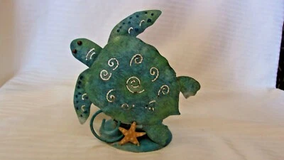 Aqua Blue Metal Sea Turtle Votive Candle Holder With Starfish - Image 1 of 4