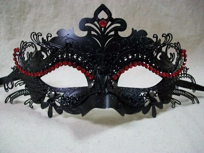 Fancy Black Eye Mask Metal Filigree Red Gems Gothic Wicked Queen Masquerade Ball - Image 1 of 4