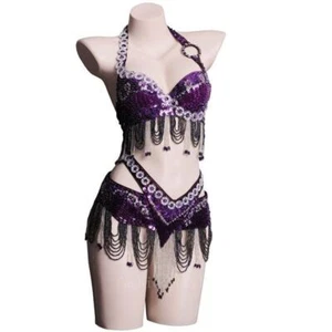 Costume donna danza del ventre abbigliamento paillettes perline reggiseno + cintura set danza del ventre nuovo - Foto 1 di 32