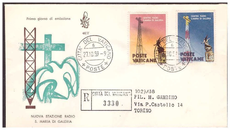 FDC Venetia Club Vatican 1959 - Radio Vaticana Viaggiata Racc - Image 1 of 1