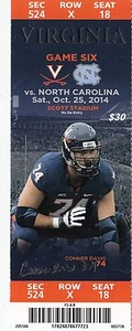 2014 VIRGINIA CAVALIERS VS NORTH CAROLINA TICKET STUB 10/25 CONNER DAVIS - Picture 1 of 1