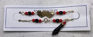 New 14k Gold Azabache Double Heart Baby Bracelet w/Hanging Hand - Picture 1 of 1