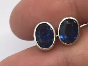 Kyanite oval stud earrings, solid Sterling Silver, faceted, 8 x 6mm. Gift Box. - Picture 1 of 9