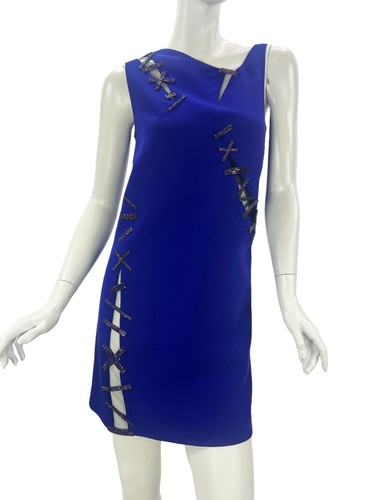 Mini abito nuovo con etichette Versace blu cristallo Swarovski impreziosito seta ritagliata 38 US 4