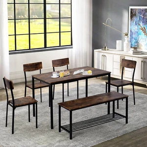 6Pc Kitchen Dining Table Chair and Bench Set Wooden Steel Frame Industrial Style - Picture 1 of 9