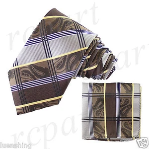 New Men's Brand Q Microfiber Necktie Hankie Set Paisley Striped Brown wedding - Picture 1 of 3