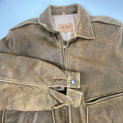 Chaqueta de Cuero IZOD De Colección Marrón Talla-XL Estilo Bombardero Envejecido Foto 1 de 4