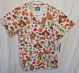 Butter-soft Original Scrub Top Size S Thanksgiving Theme Turkey Pumpkin Corn NWT - Picture 1 of 14