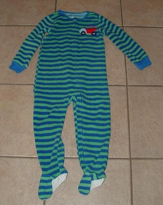 Boys Sz 4 Toddler Green Striped Dump Truck Fleece Zip Up Footed 1 Pc Pajamas - Image 1 of 3