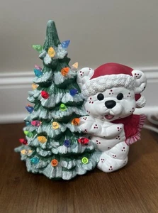 Vintage Ceramic Light Up Mold Teddy Bear With Christmas Tree 10" - Picture 1 of 11
