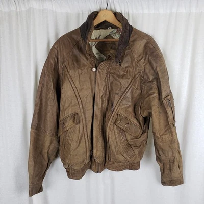 复古 Chia 棕色皮革咖啡厅飞行轰炸机夹克男式 XL 扣领 90 年代 — 第 1/4 张图片