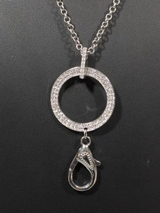 Silver Tone Rhinestone Round Pendant Document ID Badge Necklace 34 in - Picture 1 of 9