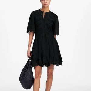 NWT Madewell Women's Black Eyelet Flutter Sleeve Mini Dress Size 2 Cotton Voile - Picture 1 of 9