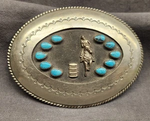 Vintage Western Barrel Racer Rodeo Belt Buckle w/ Turquoise – Cowgirl Racing - Picture 1 of 9