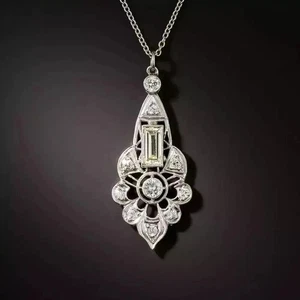 Precioso colgante de compromiso de diamantes estilo Art Deco creado en laboratorio de oro blanco de 14 K FN - Imagen 1 de 11