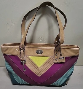 Fossil Canvas Hunter Shopper Cevron Patchwork Purse Tote Bag ZB5379037 NWT - Picture 1 of 11