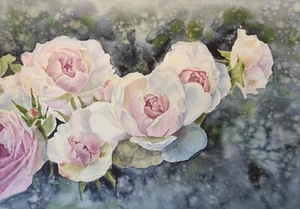 Original Artwork Painting Flowers PINK ROSES Landscape Garden Floral Art Gift A4 - Picture 1 of 12