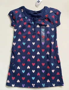 Gap Kids A-Line Dress Short Sleeve Navy Heart Print Pockets Size S/6-7/ NWT - Picture 1 of 3