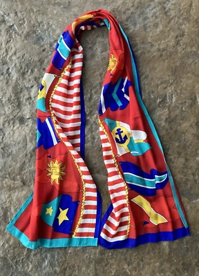 复古 80 年代丝绸围巾航海旗锚红色白色蓝色黄色浅绿色 11 x 51 — 第 1/4 张图片