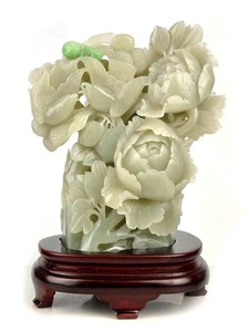 Natural Hetian Nephrite Jade Bird Flower Statue Carving Sculpture w/ Certificate - Picture 1 of 10