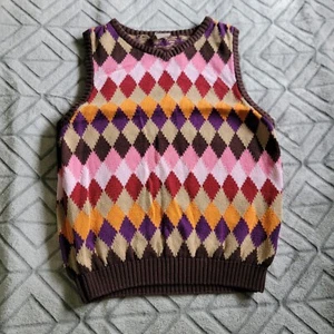 Y2k Steve & Barry's Girls Pink Brown Argyle V-neck Sweater Vest Size XL(14) - Picture 1 of 5