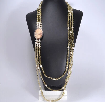 COLLANA  ARGENTO 925  CAMMEO CORNEOLA GOCCE QUARZO FUME' PERLE BIWA    AGLN 0236 - Immagine 1 di 3