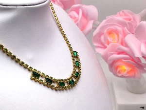 Vintage Necklace Gold Metal Green Rhinestones Zirconia Diamante Crystals - Picture 1 of 7