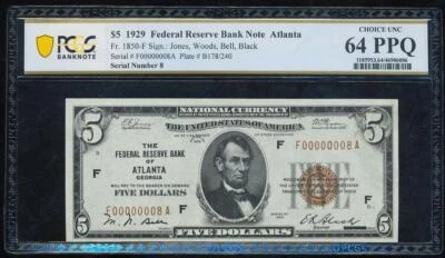 FR.1850-F 1929 $5 FRBN ATLANTA PCGS64 PPQ CHOICE UNC "SERIAL #8" - Image 1 of 2