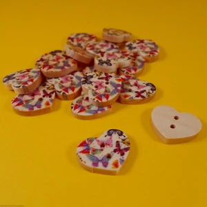 Butterfly Printed - 2 Hole Wood Heart Buttons (18 per bag) (17mm x 14mm) - Picture 1 of 3
