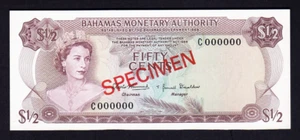 Bahamas P-26S. (1968) 1/2 Dollar - SPECIMEN Overprint In Red.. UNC - Picture 1 of 2