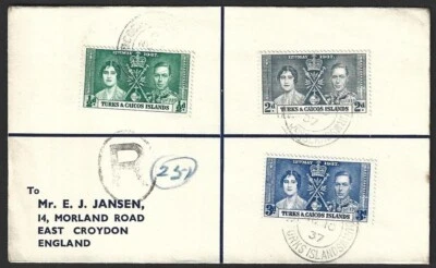 Turk & Caicos 1937 Coronation registered FDC - Image 1 of 2