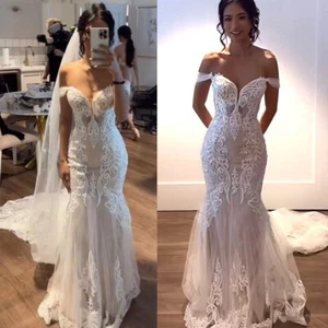 Mermaid White Wedding Dresses Off the Shoulder Lace Appliques Boho Bridal Gowns - Picture 1 of 10
