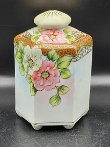 Antiguo tarro con tapa Nippon pintado a mano rosas y moriage mercancía imperial - Imagen 1 de 12