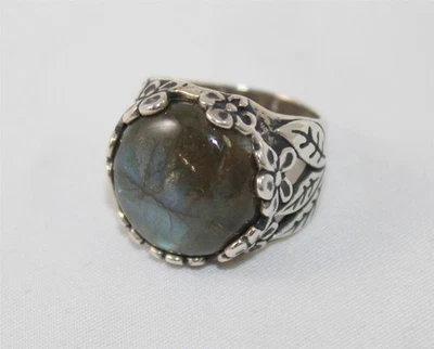 PZ Israel Sterling Silver Floral Design Round Labradorite Ring Size 6 - Image 1 of 4